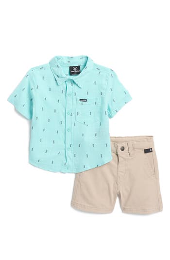 Shop Volcom Stripe Short Sleeve Button-up & Shorts Set In Blue