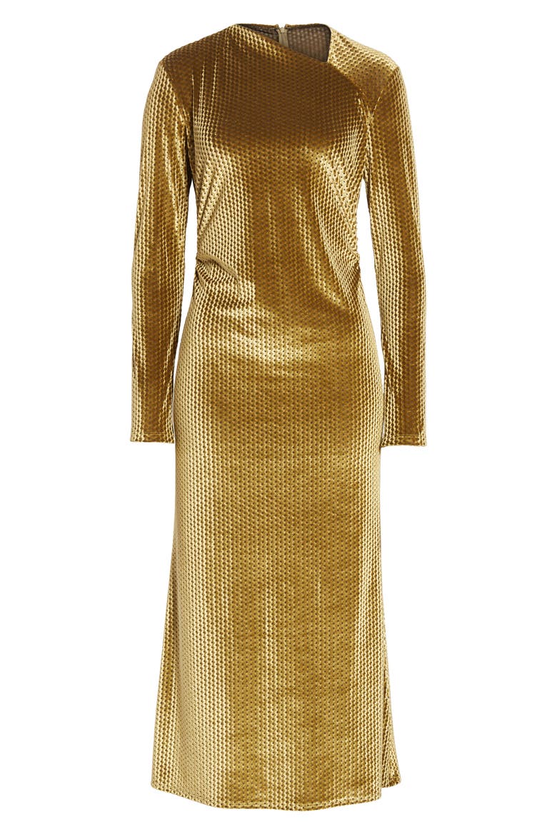 Ruched Velvet Jacquard Midi Dress, Alternate, color, GOLD