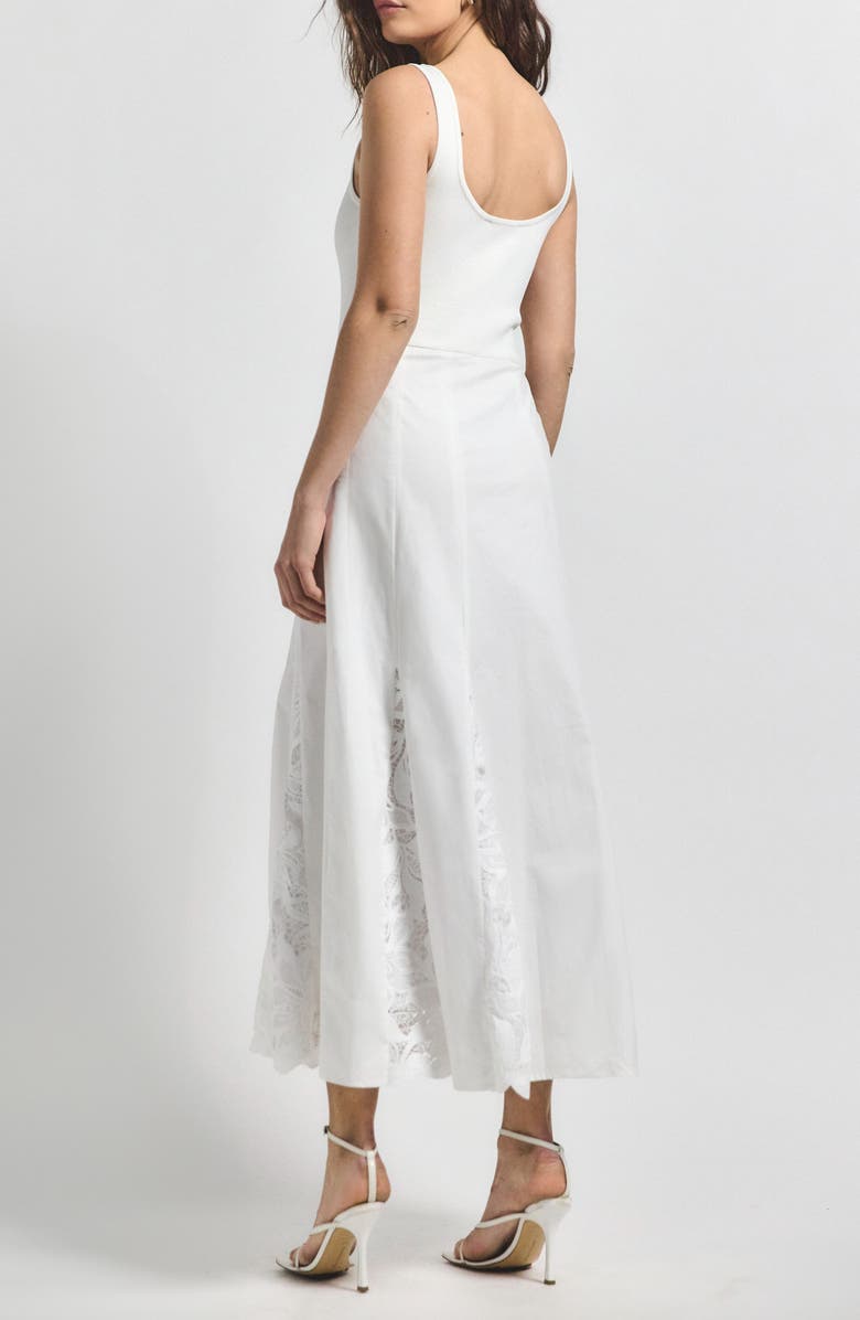 Derek Lam 10 Crosby Maeleyse Mixed Media Lace Detail Godet Pleat Stretch Cotton Midi Dress, Alternate, color, Soft White