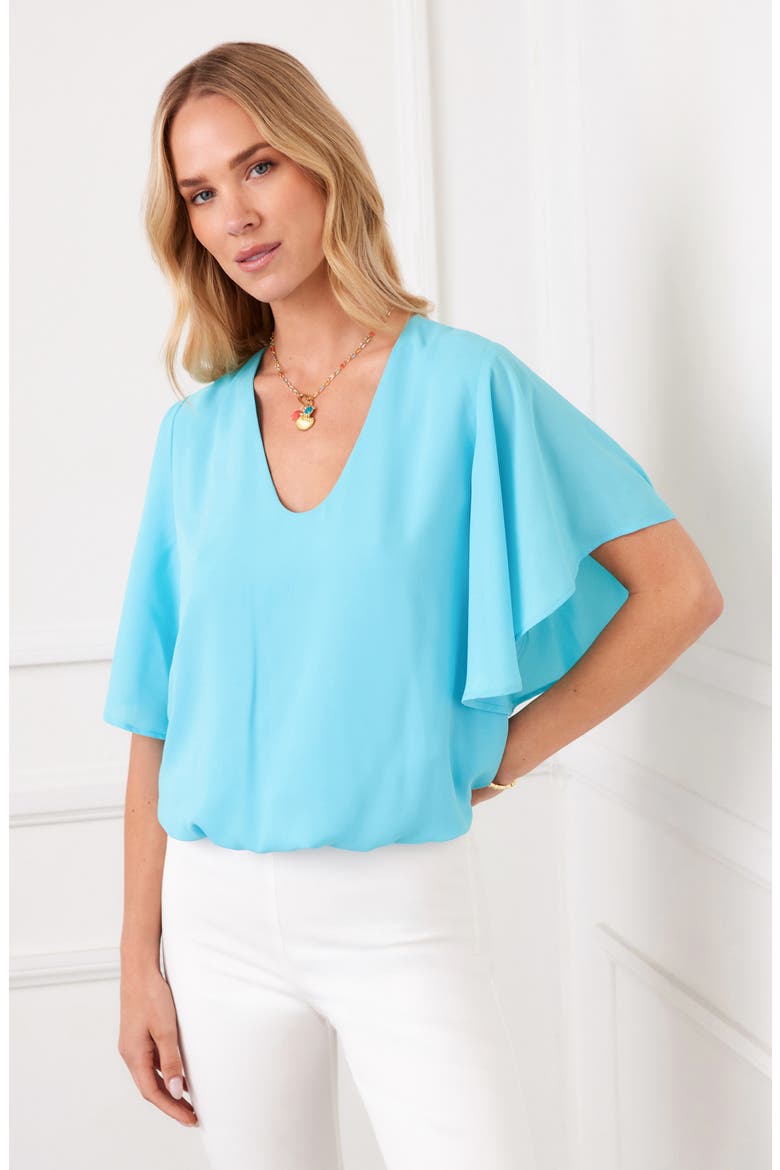 Flutter Sleeve V-Neck Top, Alternate, color, AQUA