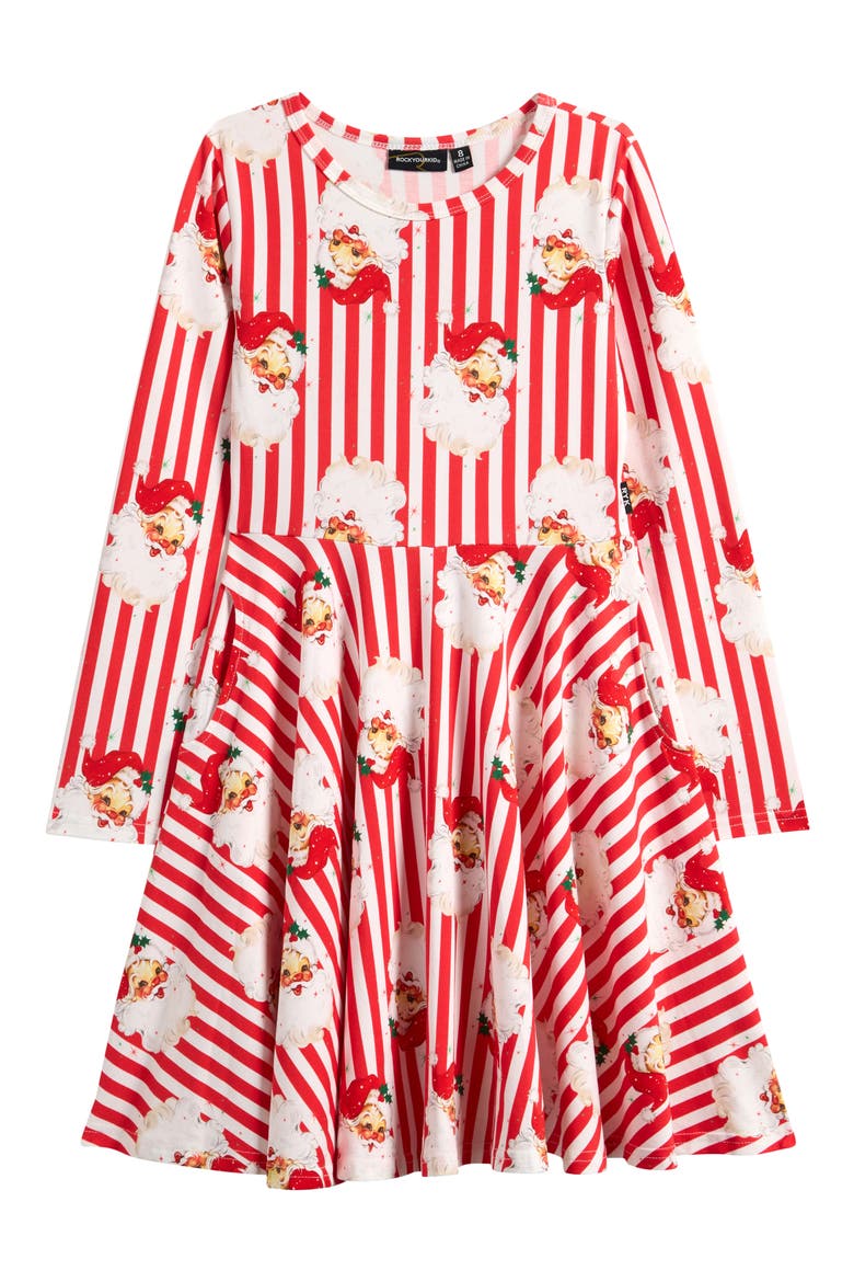 Kids' Fit & Flare Long Sleeve Stretch Cotton Dress, Main, color, SANTA RED