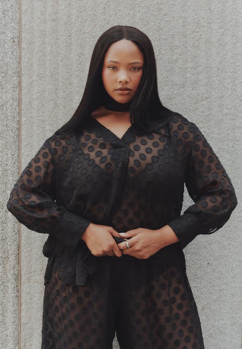 Sheer Polka Dot Blouse With Neck Tie