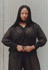 ELOQUII Sheer Polka Dot Blouse With Neck Tie