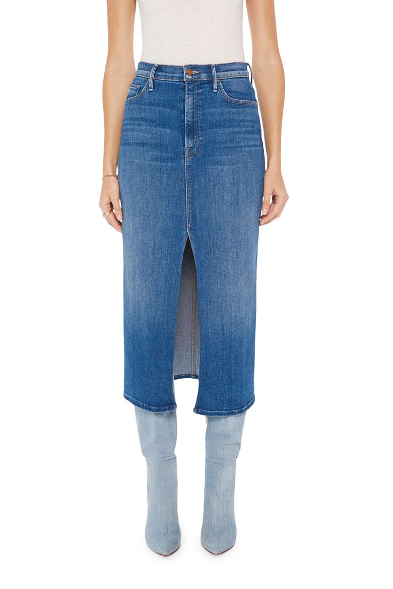 The Reverse Pencil Pusher High Waist Denim Midi Skirt, Main, color, HUE ARE YOU