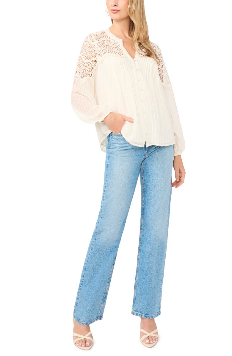 Vince Camuto Lace Trim Stripe Pintuck Top, Alternate, color, New Ivory