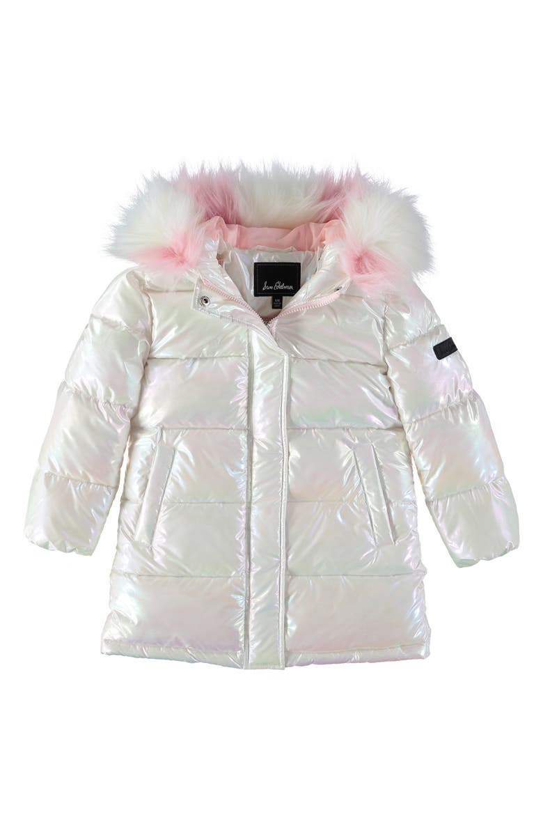 Sam Edelman Kids' Faux Fur Trim Hooded Iridescent Puffer Jacket, Main, color,
