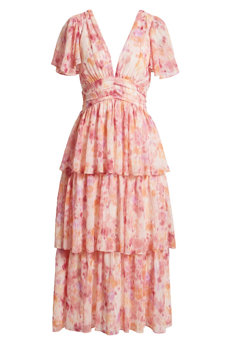 Eva Short Sleeve Tiered Chiffon Midi Dress, Alternate, color, FUCHSIA MULTI