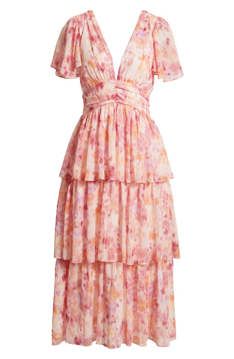 Lulus Eva Short Sleeve Tiered Chiffon Midi Dress, Alternate, color, Fuchsia Multi