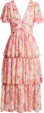 Lulus Eva Short Sleeve Tiered Chiffon Midi Dress