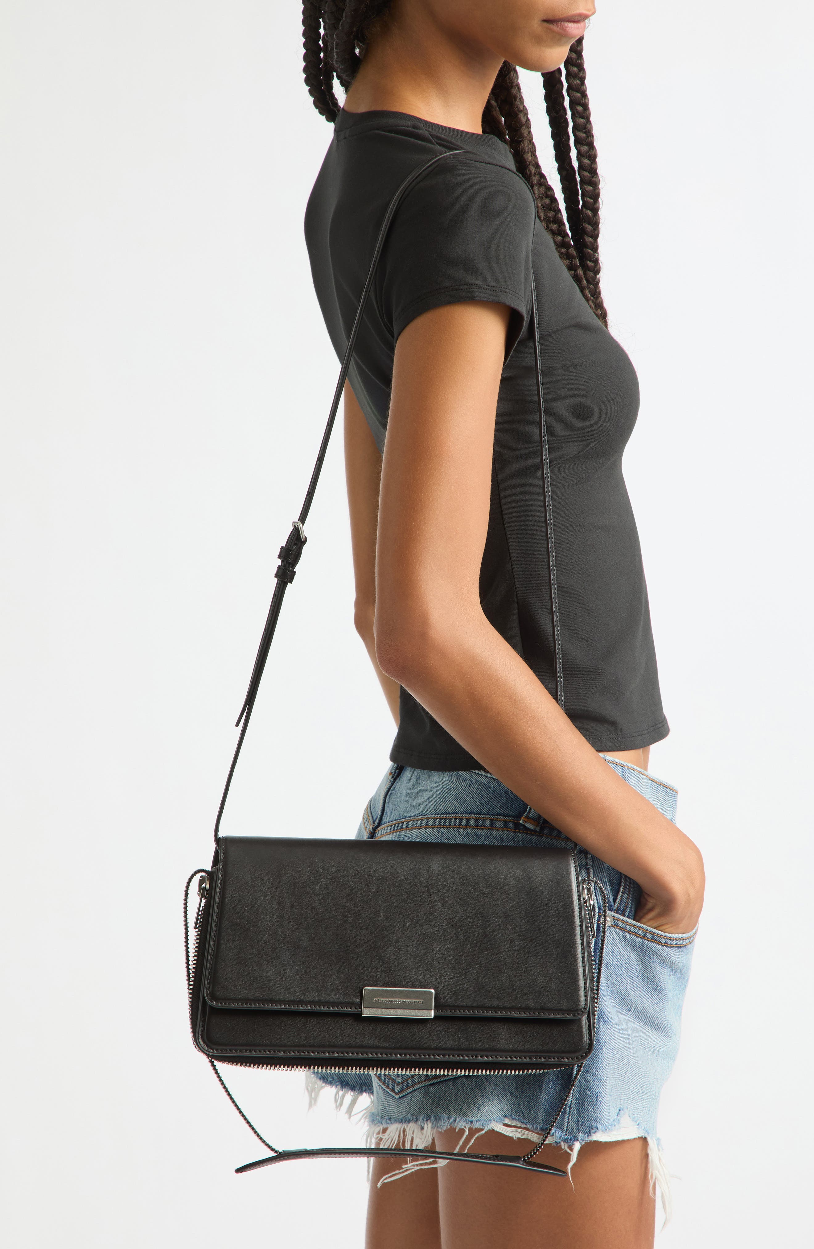Medium Siren Leather Shoulder Bag, Alternate, color, BLACK