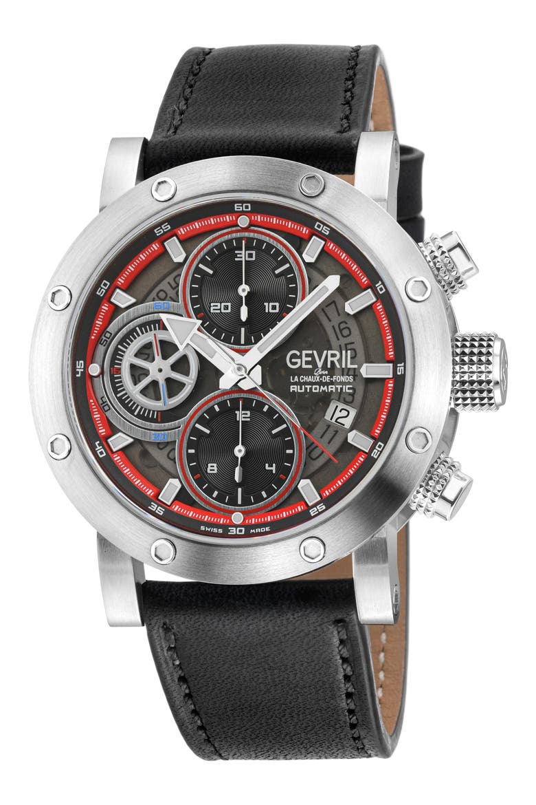 Flat Iron Limited Edition Leather Strap Automatic Chronograph Watch, 42mm, Main, color, BLACK