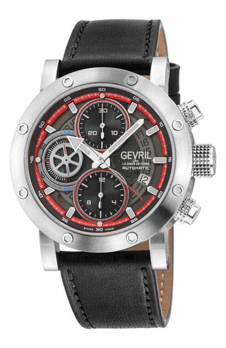 GEVRIL Flat Iron Limited Edition Leather Strap Automatic Chronograph Watch, 42mm