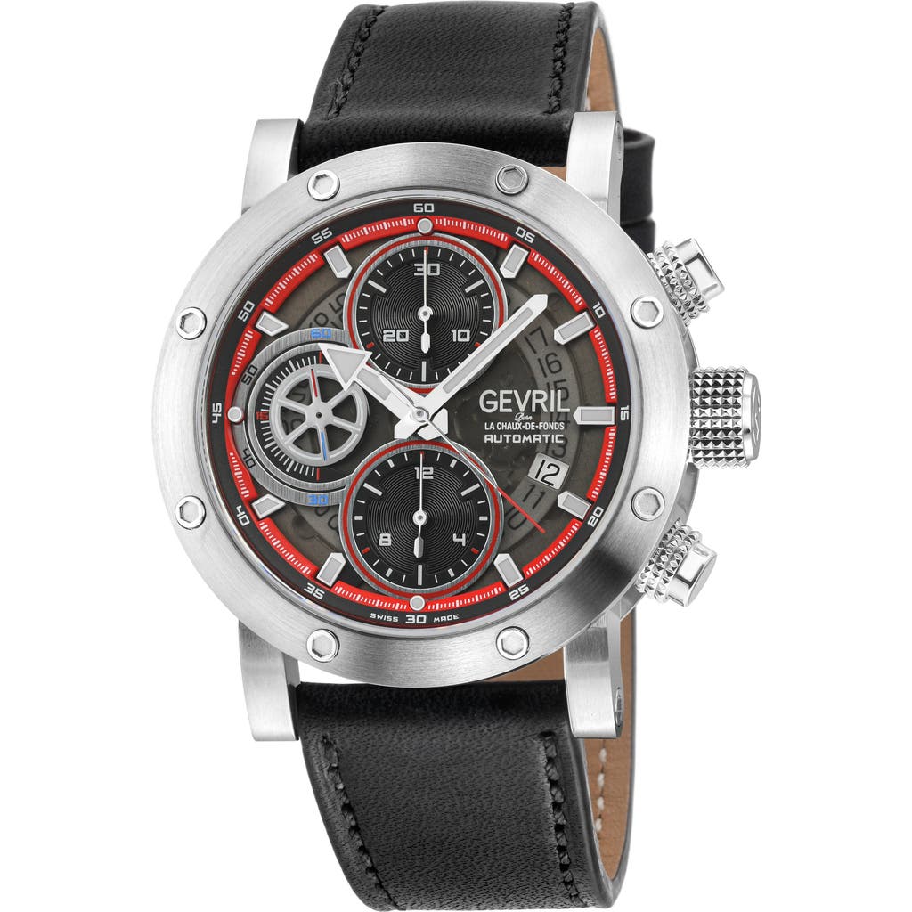 Gevril Flat Iron Limited Edition Leather Strap Automatic Chronograph Watch, 42mm In Black