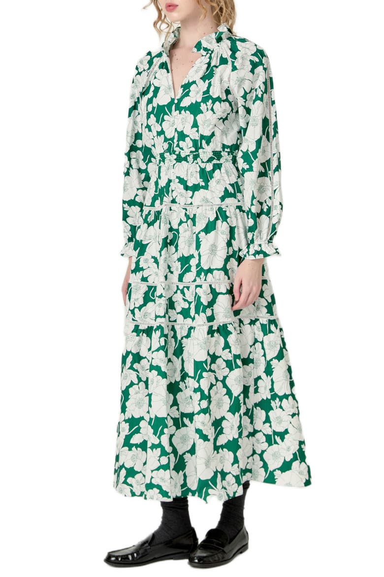 Floral Long Sleeve Cotton Tiered Maxi Dress, Alternate, color, GREEN