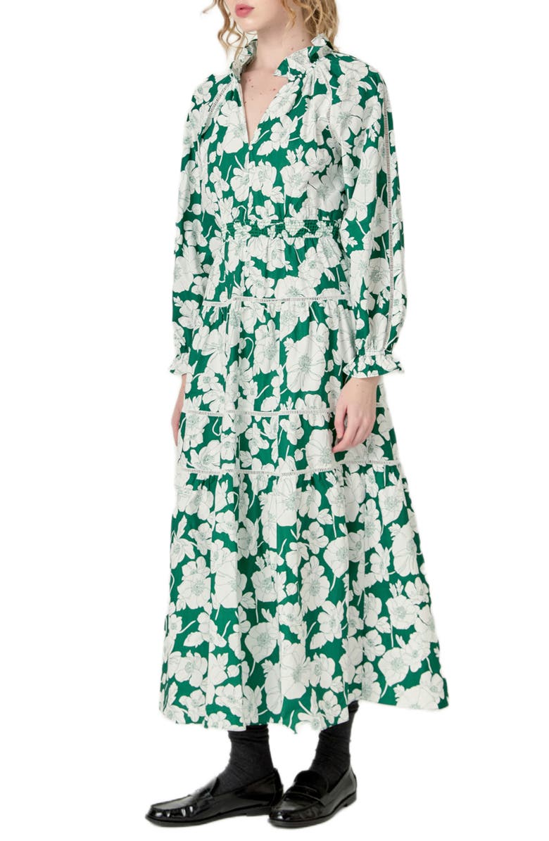 English Factory Floral Long Sleeve Cotton Tiered Maxi Dress, Alternate, color, Green