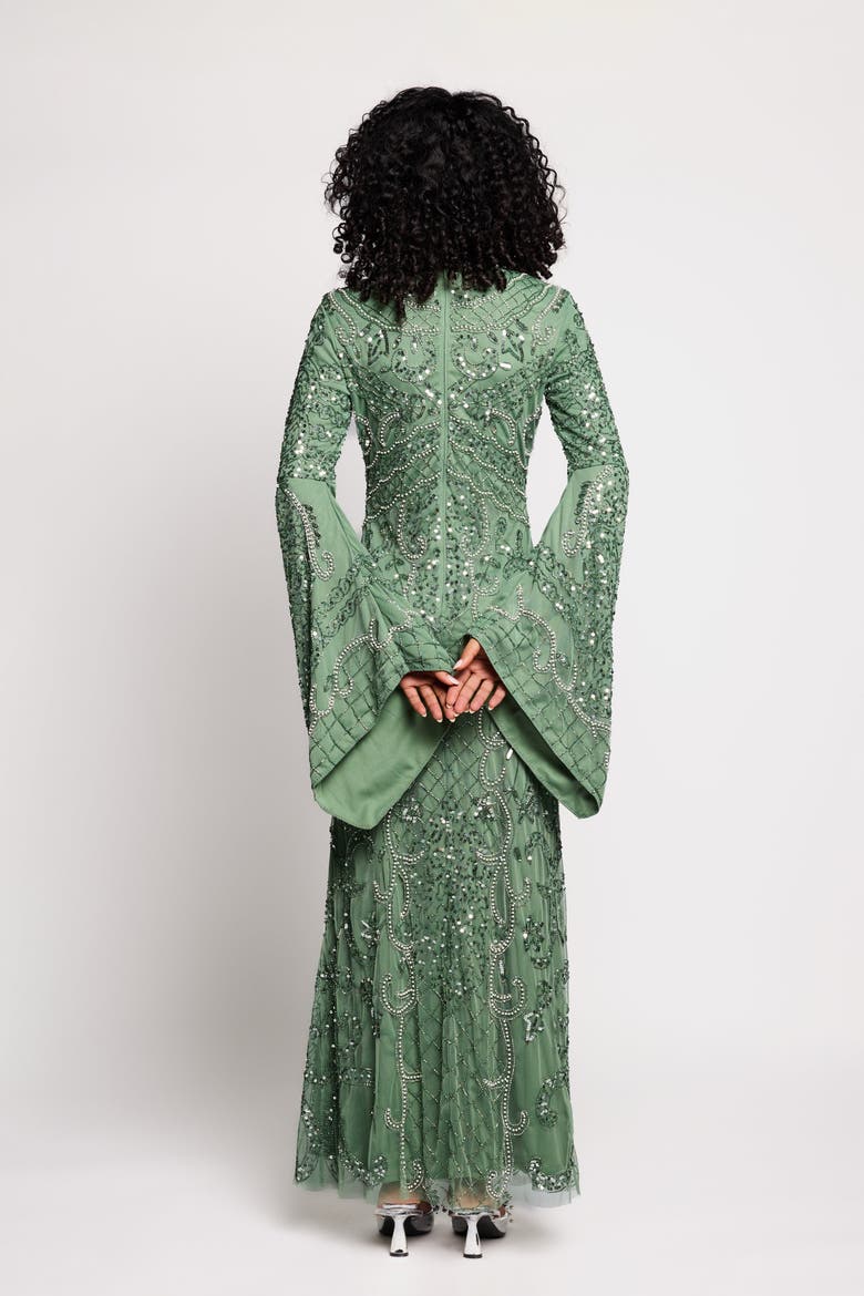 Modest Embellished Sequins Flutter Sleeves Gown, Alternate, color, DARK GREEN