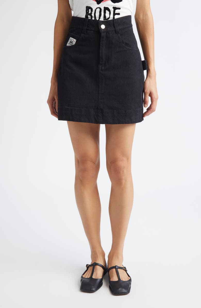 Bode Knolly Brook Cotton Twill Miniskirt, Main, color, Black