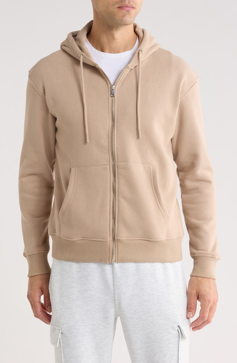 DENIM AND FLOWER Full Zip Fleece Hoodie, Main, color, Warm Sand