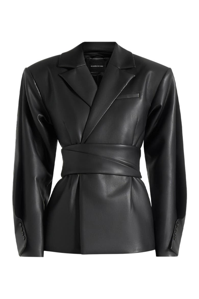 Marie Twist Sleeve Leather Blazer with Belt, Alternate, color, Black