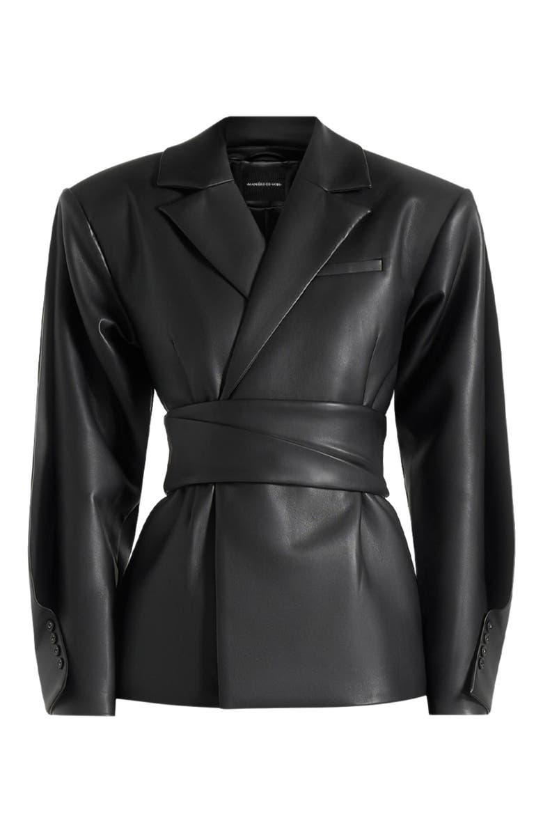 Manière De Voir Marie Twist Sleeve Leather Blazer with Belt, Alternate, color, Black
