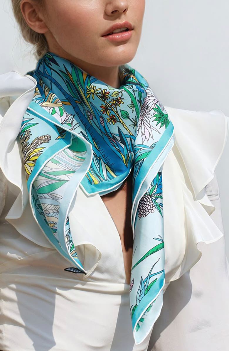 Jessie Zhao New York Double Sided Silk Scarf Of Blue Animal Kingdom, Alternate, color, Blue