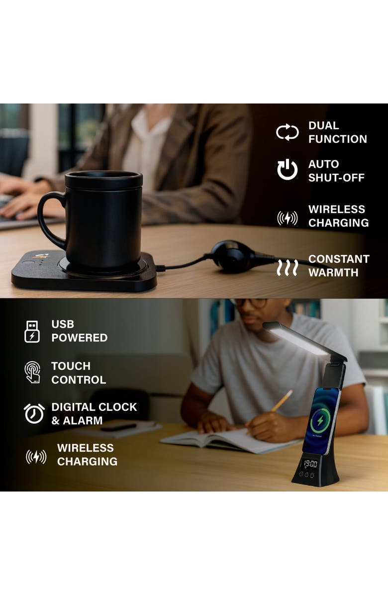 PURSONIC The Modern Workspace Productivity Bundle 3-in-1 LED Desk Lamp + Sip & Charge Wireless & Mug Warmer, Alternate, color, Black