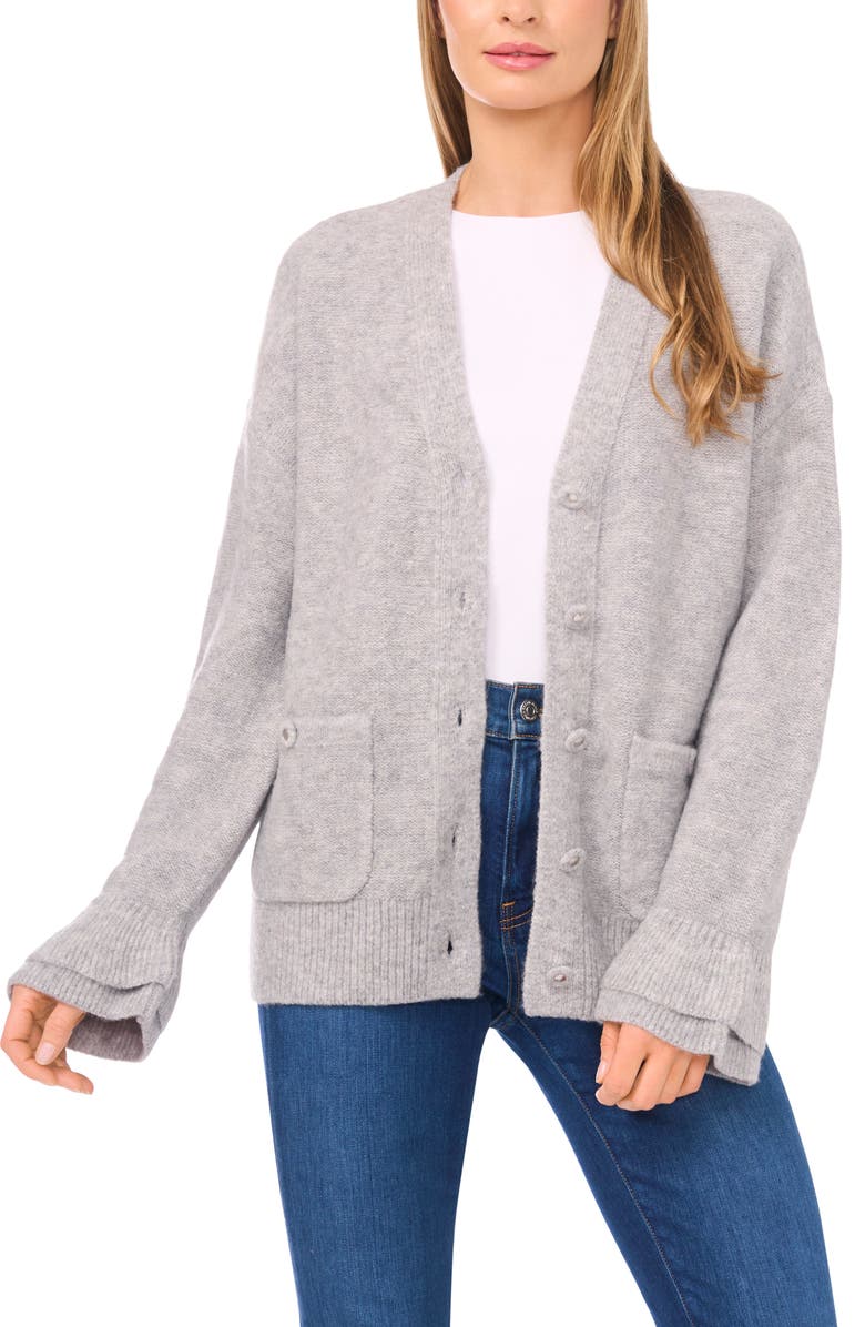 CeCe Ruffle Cuff Cardigan, Main, color, Light Heather Grey