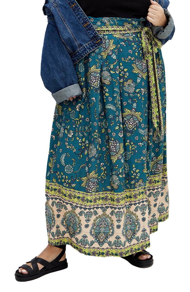 City Chic Sable Border Tie Waist Maxi Skirt, Main, color, Print