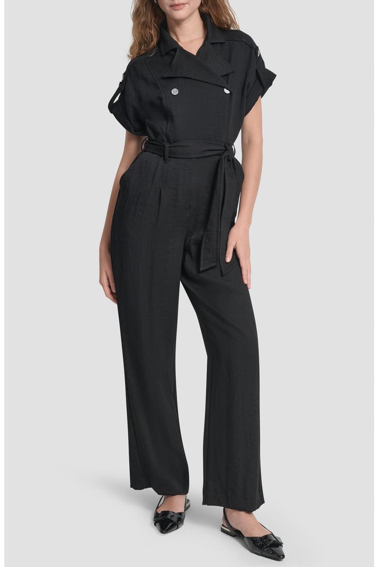 Twill Tie Waist Jumpsuit, Main, color, BLACK