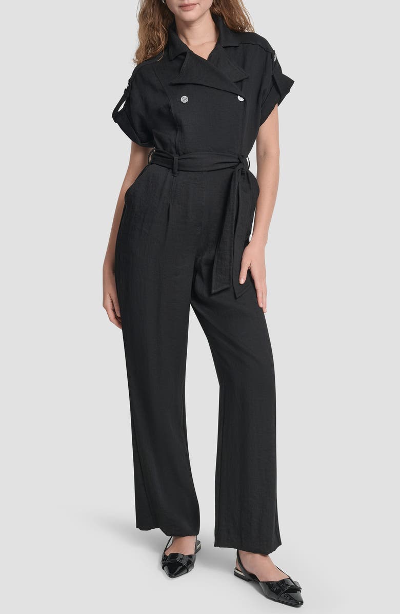 DKNY Twill Tie Waist Jumpsuit, Main, color, Black