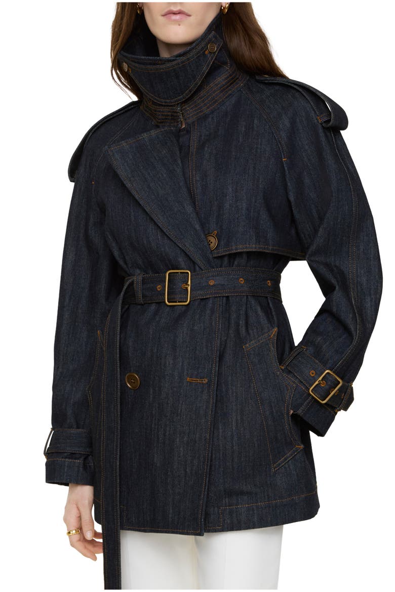 Short Denim Fitzrovia Trench Coat, Main, color, Dark indigo