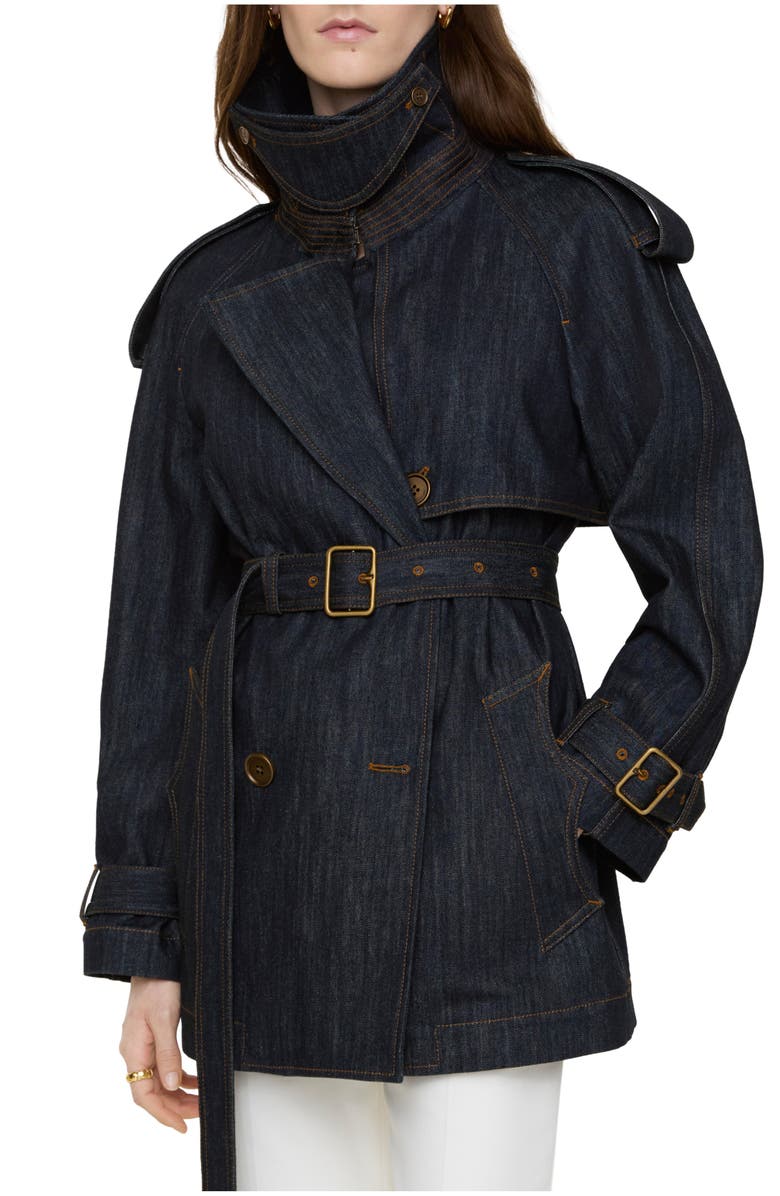 Burberry Short Denim Fitzrovia Trench Coat, Main, color, Dark Indigo