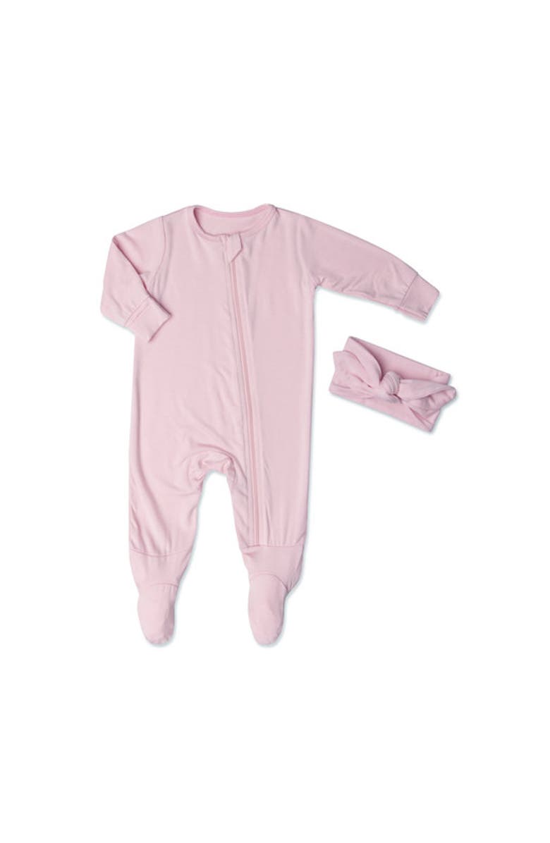 Everly Grey Jersey Long Sleeve Footie & Head Wrap Set, Main, color, Blush
