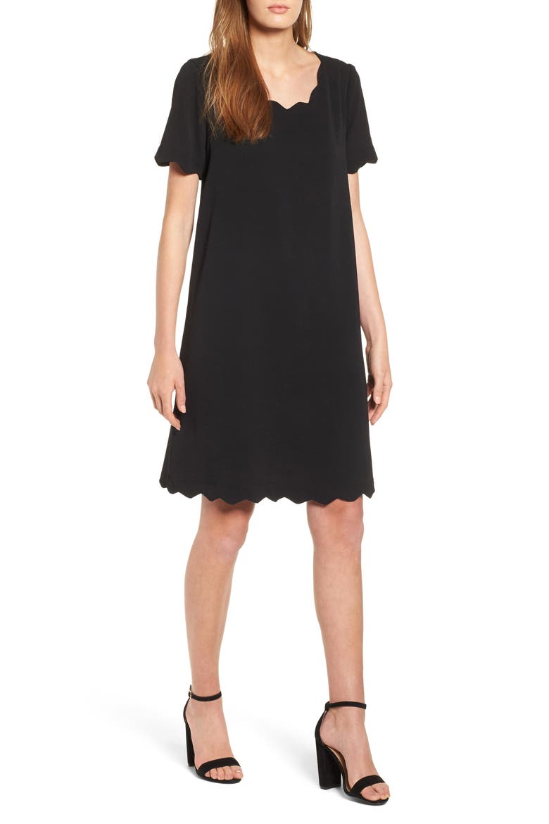 Scallop Shift Dress, Main, color, BLACK
