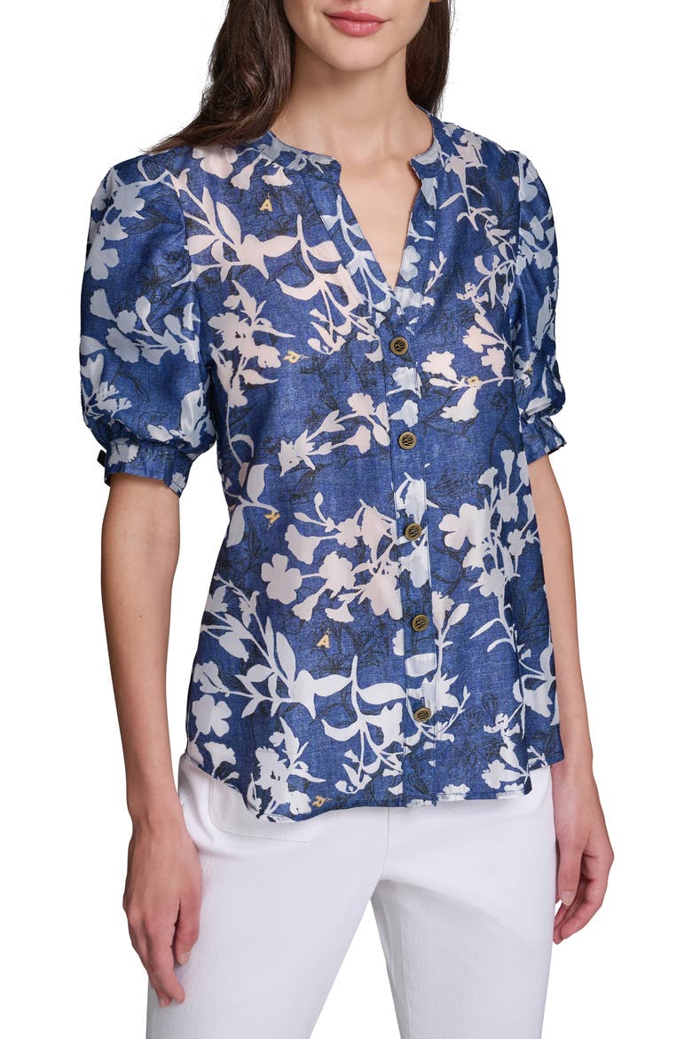 Print Puff Sleeve Shirt, Main, color, MIDNIGHT NAVY/ SOFT WHITE