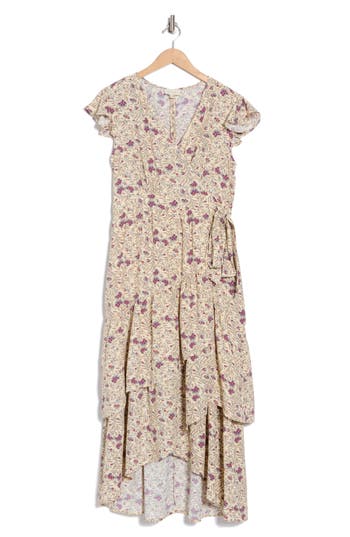 Melloday Floral Wrap Dress In Ivory Purple Midi