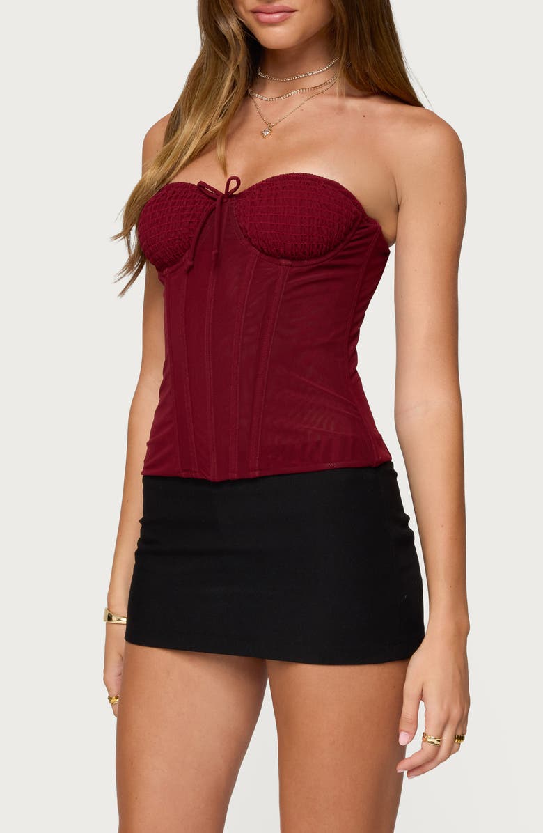 EDIKTED Guinivere Smocked Strapless Coreset Top, Alternate, color, Burgundy