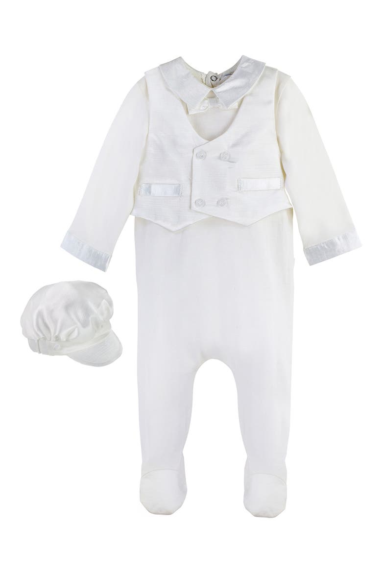 Elegant Christening Romper & Newsboy Cap Set, Main, color, WHITE