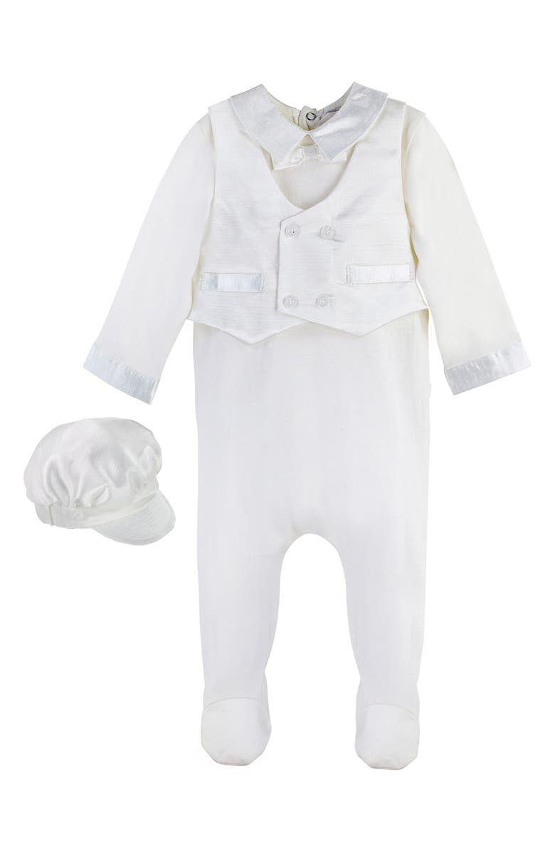 Carriage Boutique Elegant Christening Romper & Newsboy Cap Set, Main, color, White