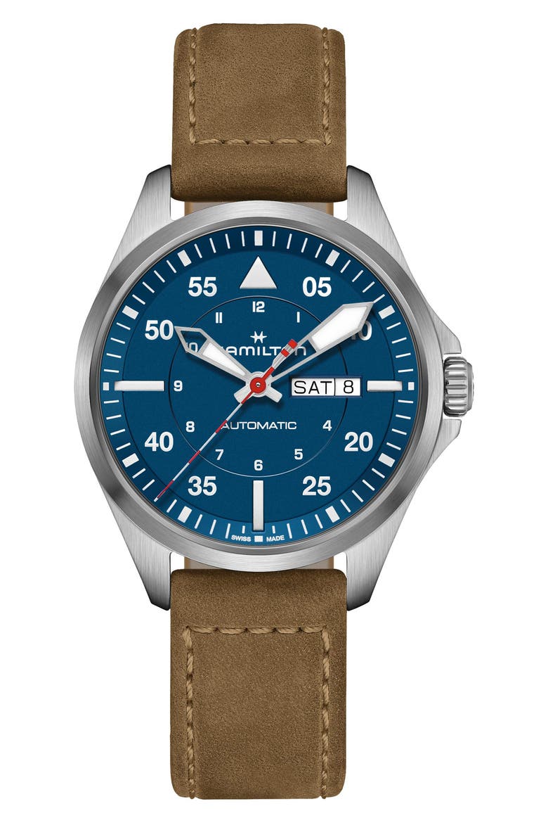 Khaki Aviation Pilot Automatic Leather Strap Watch, 42mm, Alternate, color, BLUE