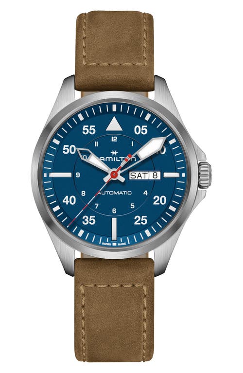 Hamilton Khaki Aviation Pilot Automatic Leather Strap Watch, 42mm In Blue