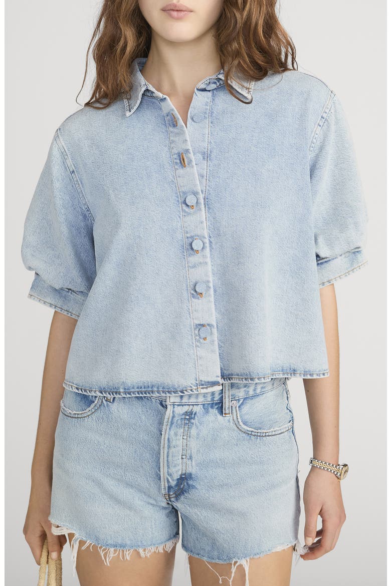 The Billow Sleeve Denim Button-Up Shirt, Main, color, PUFFIN