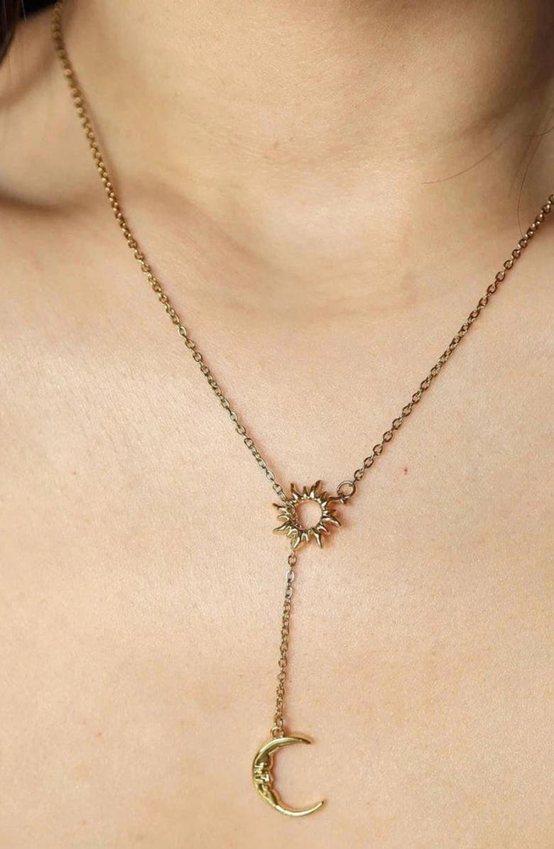 Humanist Beauty Sun and Moon Lariat Necklace, Alternate, color, Gold