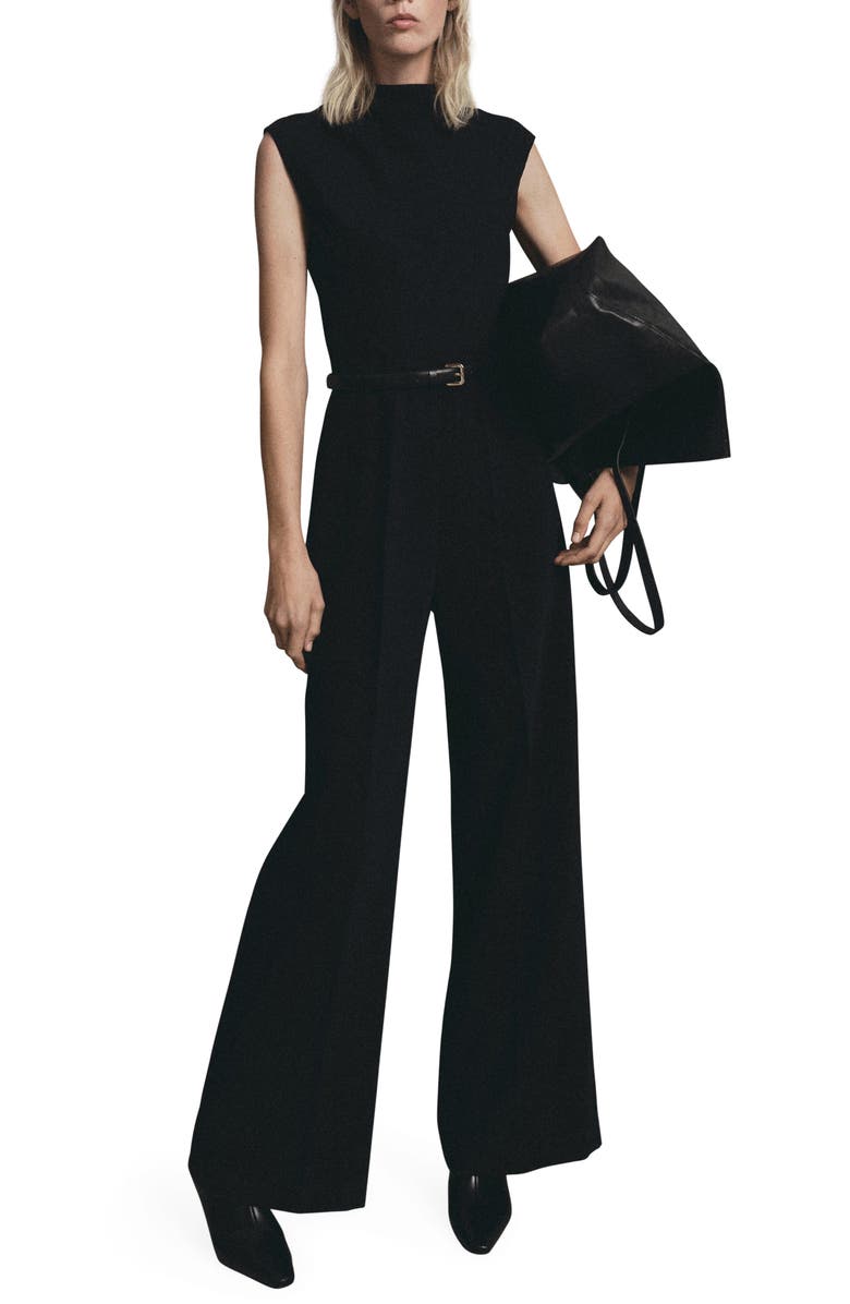 MANGO Drape Neck Belted Jumpsuit, Main, color, Black