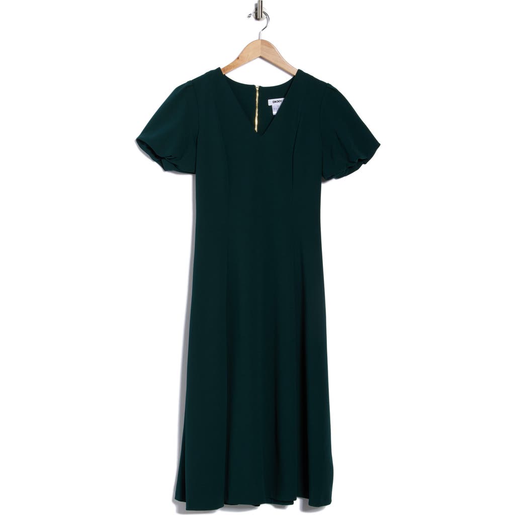 Dkny Puff Sleeve Fit & Flare Midi Dress In Green