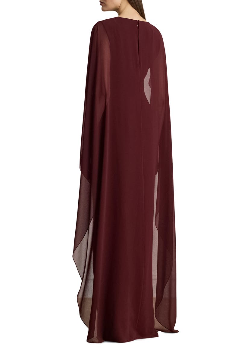 Sheer Cape Georgette Column Gown, Alternate, color, DARK GARNET
