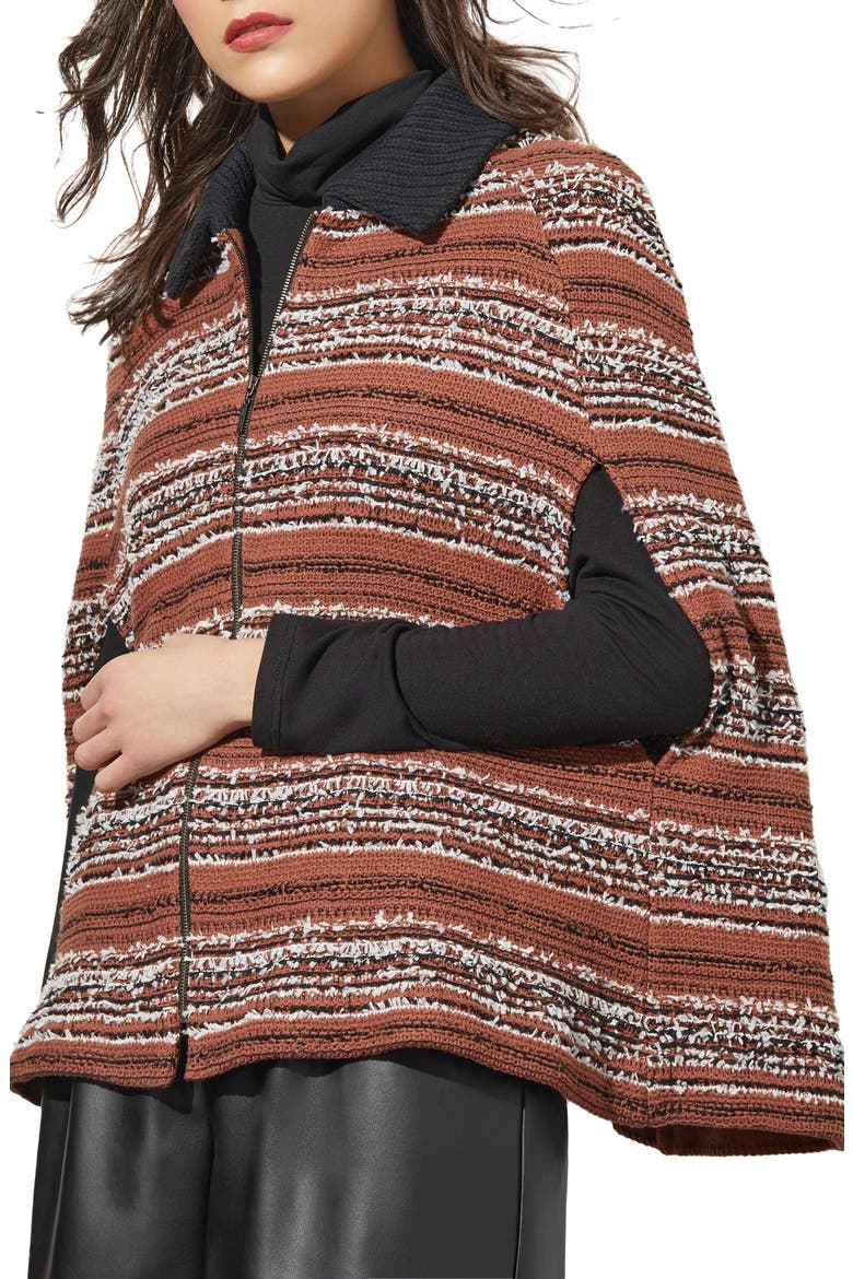 Collared Zip Front Cozy Knit Cape, Alternate, color, CHESTNUT/ BLACK/ IVORY
