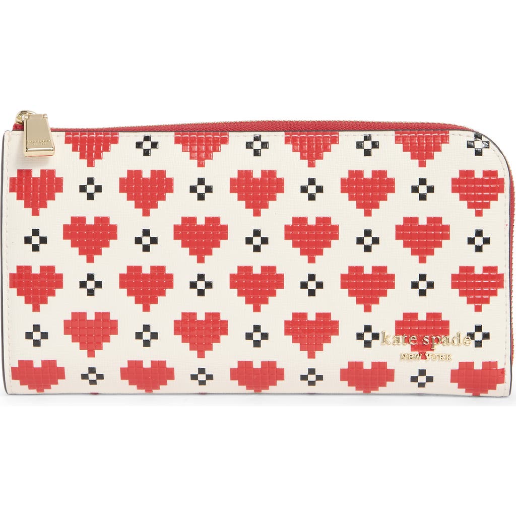 Kate Spade Devin Pixel Hearts Embossed Saffiano Leather Zip-around Continental Wallet In Red