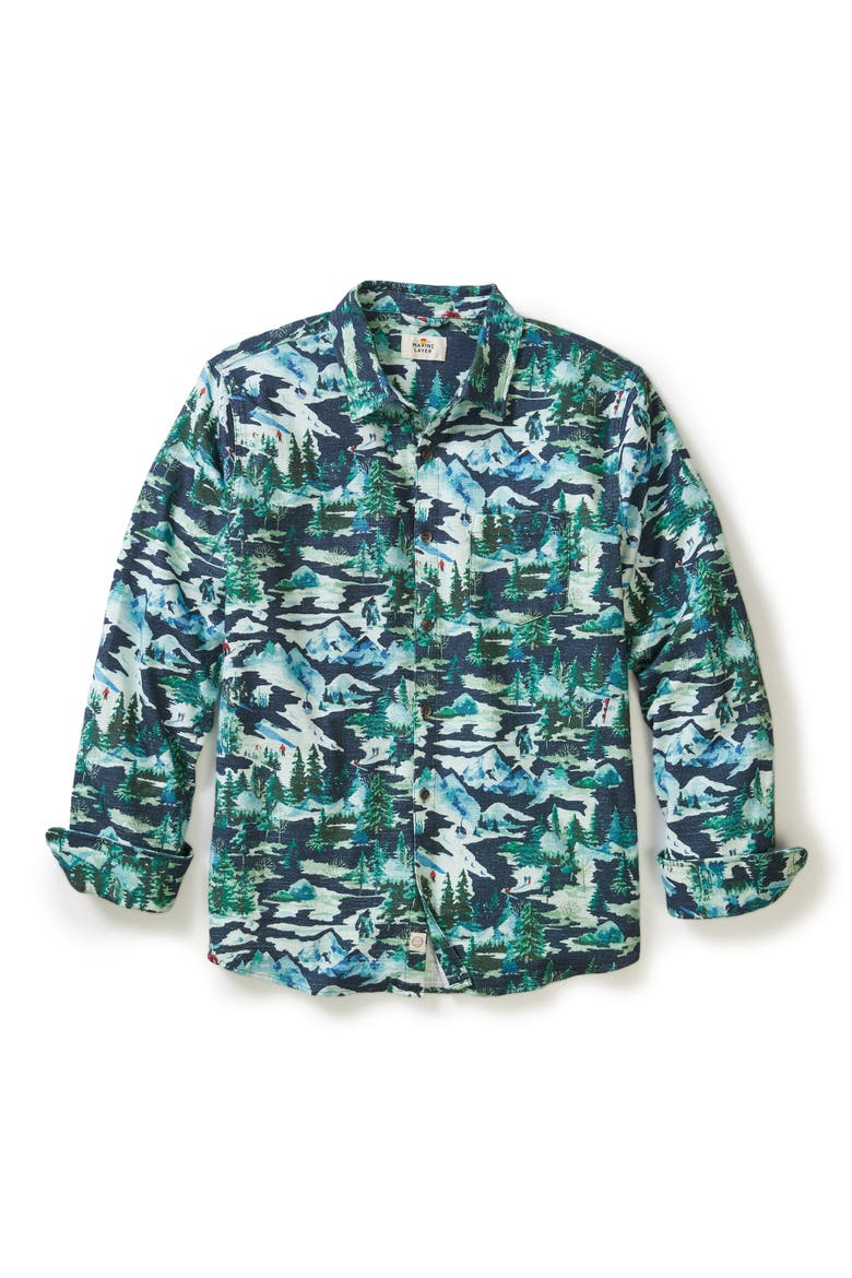 Fresh Tracks Winter Scene Cotton Button-Up Shirt, Alternate, color, NAVY SKI PRINT