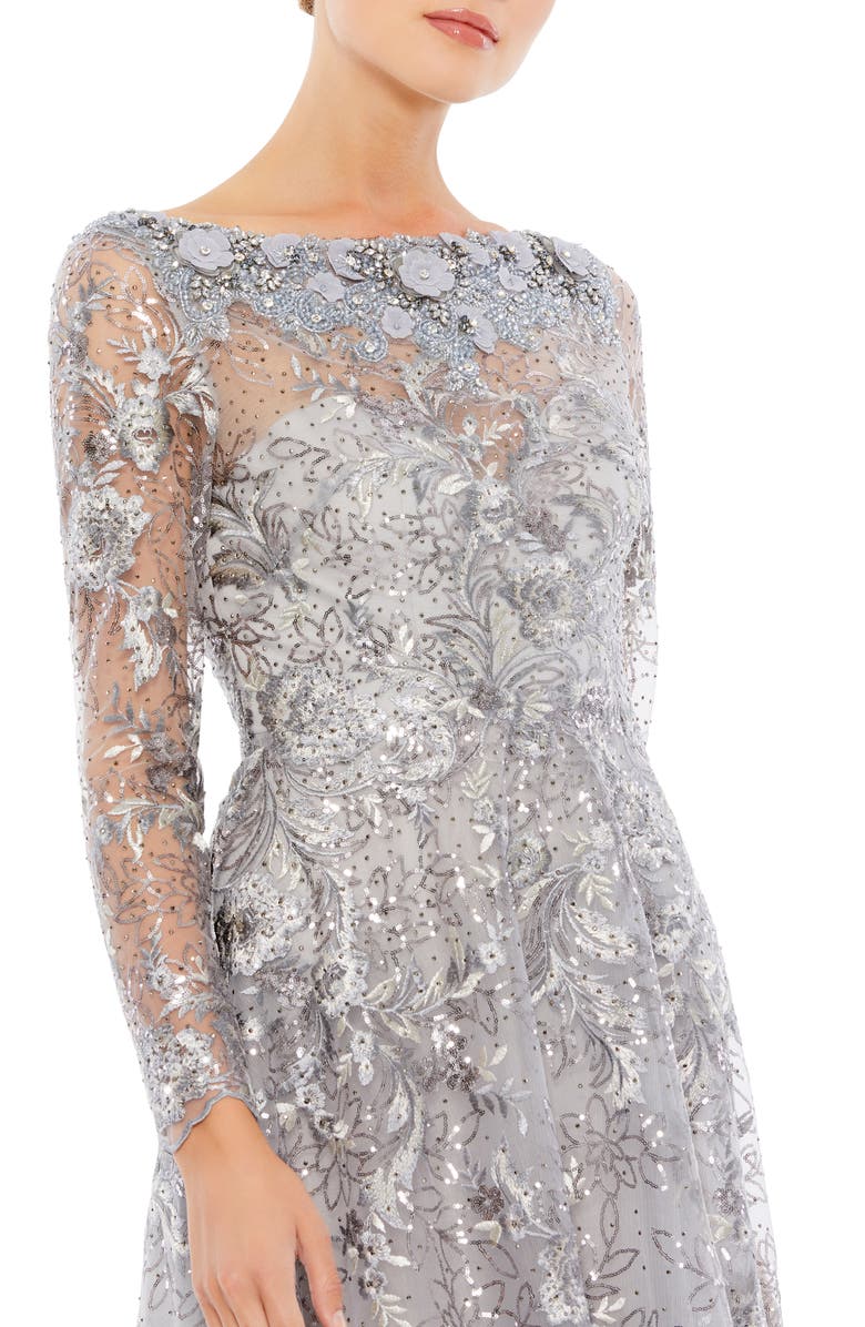 Mac Duggal Floral Rhinestone Embroidered Sweetheart Illusion Long Sleeve Gown, Alternate, color, Sterling